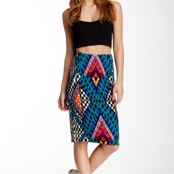 Mara‎ Hoffman | Art Deco Printed Pencil Skirt | Blue/Green/Red Multi | Medium - Picture 1 of 16